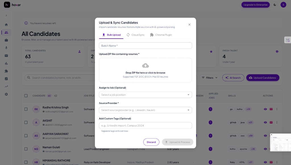 Hovar bulk candidate upload with ZIP import and job assignment