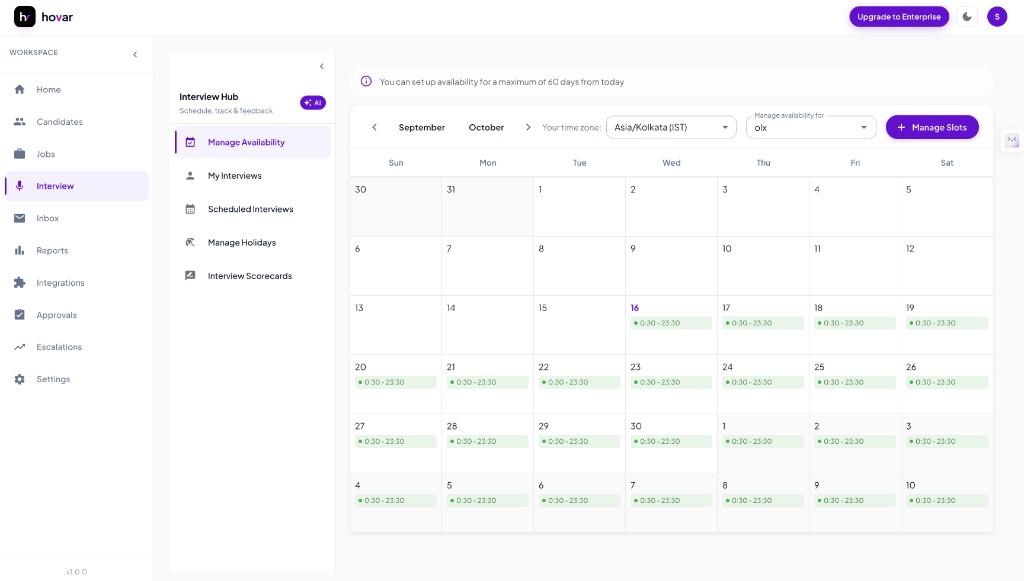 Hovar interview hub manage availability calendar