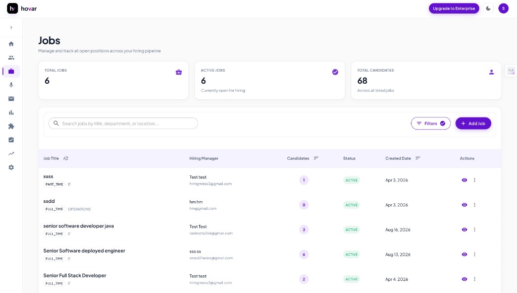 Hovar jobs list with active roles and candidate counts