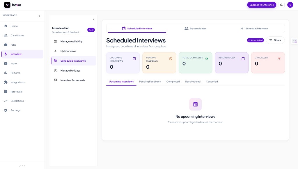 Hovar scheduled interviews dashboard