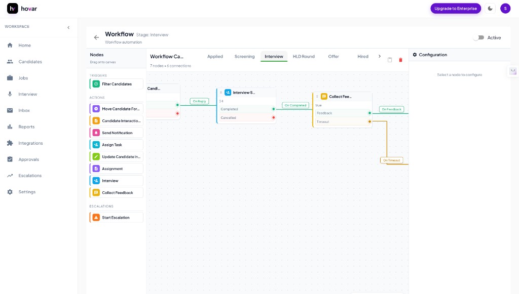 Hovar workflow automation canvas with interview and feedback nodes
